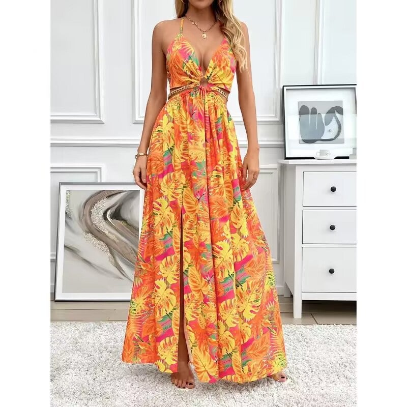 Women's French Style Floral Print V-Neck Sleeveless Backless Side Slit Maxi Dress - Image 4