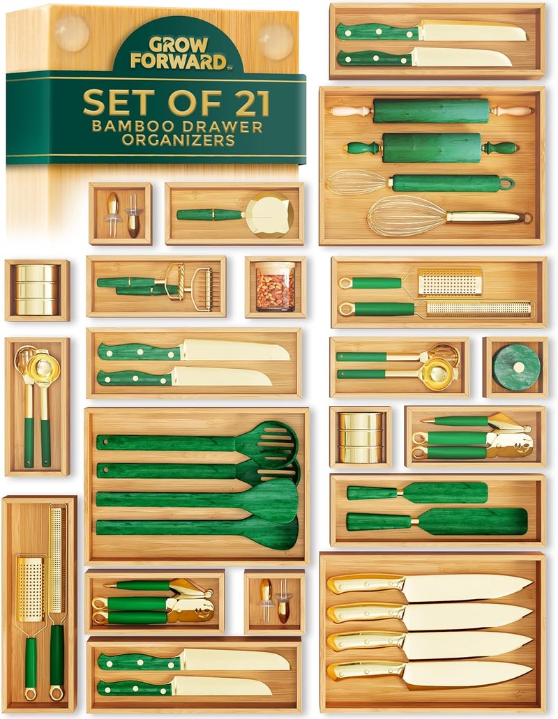 Grow Forward Bamboo Drawer Organizer Boxes - Set of 21 Wooden Drawer Organizers for Kitchen, Bathroom, Office, Desk, Vanity, Makeup - Non-Slip Junk Drawer Organizer Trays for Storage and Organization - Image 1