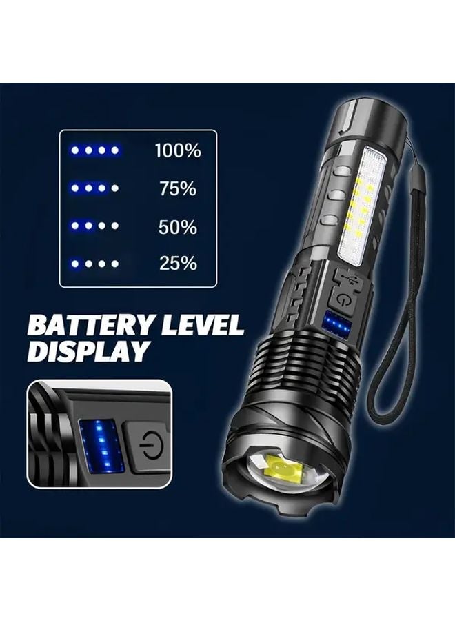 1PACK High Power LED Flashlight Rechargeable Zoomable Long Distance with COB Red Blue Warning Light for Outdoor Camping Fishing Emergency - Image 5