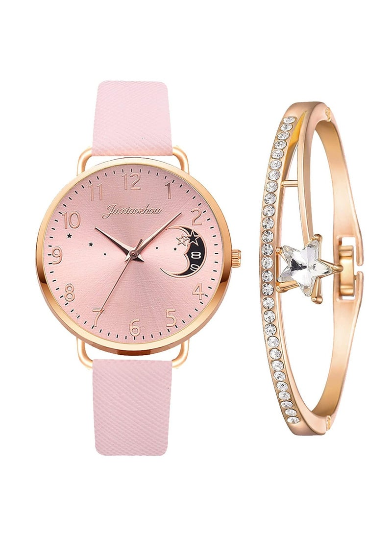 CMGTYYD Luxury Women's Watch and Bracelet Set – Diamond-Accented Analogue Quartz Wristwatch with Stainless Steel or PU Leather Strap – Includes Stylish Rhinestone Watch and Elegant Jewelry Cuff Bracelet  - Image 1