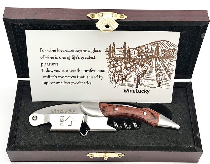 WineLucky Wood Handle Wine Bottle Corkscrew Opener In A Wooden Box Heavy Duty Sommelier Corkscrew Stainless Steel With Rosewood  Foil Cutter An Elegant Gift For Wine Lovers  Waiters Brown Rosewood 