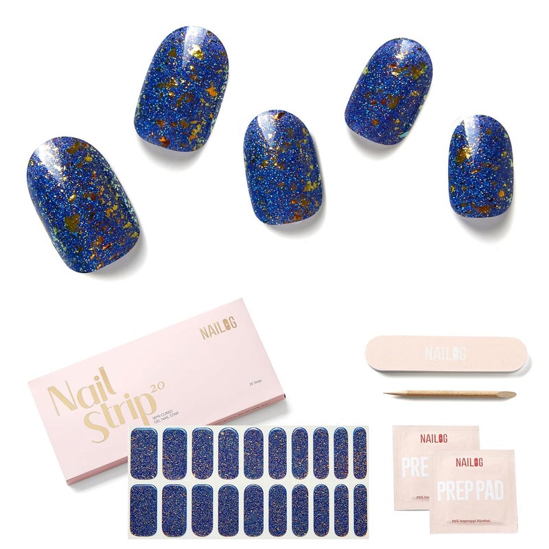 Semi Cured Gel Nail Strips - NAILOG 20 Pcs Gel Nail Stickers | Buy 2 Get 1 UV Light | Extra Long Nail Wraps with Glossy Gel Finishing Glitter, Blue Glam