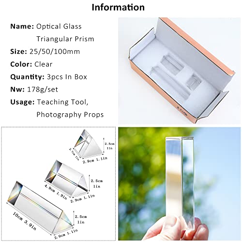 QFkris 3pc Equilateral CrystalPrisms Set -1",2" & 4" Lengths Crystal Triangular Prism Optical Prisms Glass Physics Teaching Refracted Light Spectrum Rainbow Maker Photography Props - Image 2