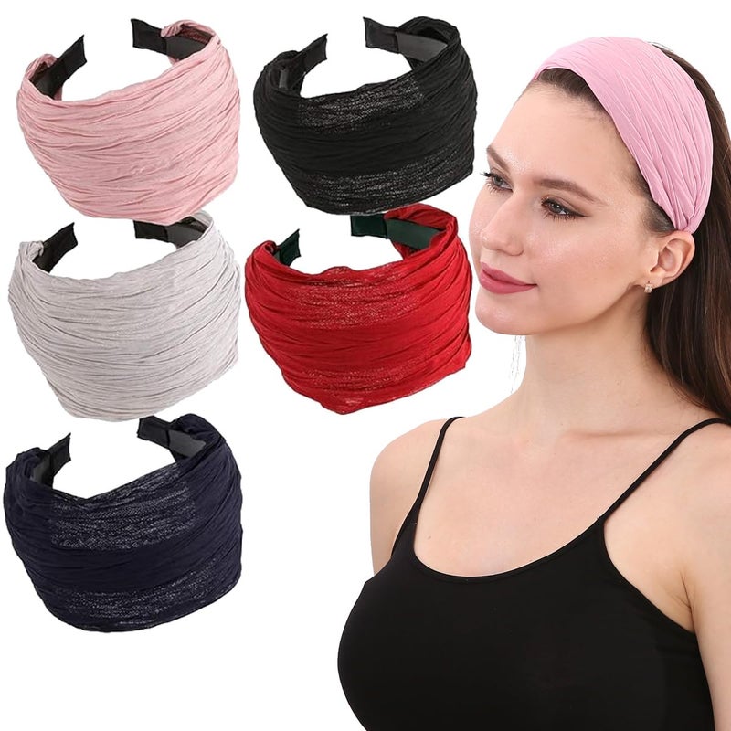 LONEEDY 5 Pack Wide Hard Headband with Teeth for Women, Girlsâ€™s Hair Band Pleated Cloth Fabric Hair Hoop Accessories (Mixed colors A) - Image 1