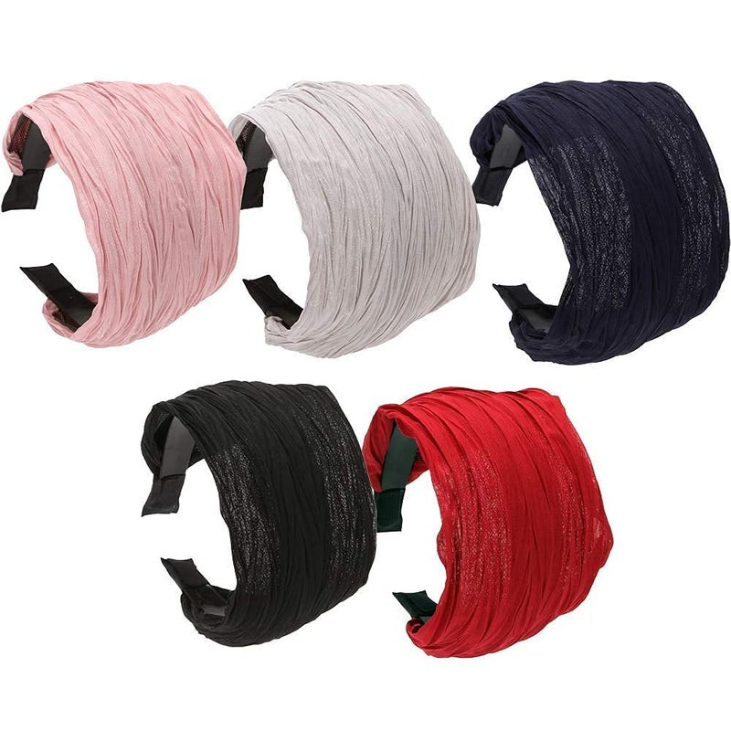LONEEDY 5 Pack Wide Hard Headband with Teeth for Women, Girls’s Hair Band Pleated Cloth Fabric Hair Hoop Accessories (Mixed colors A) - Image 3