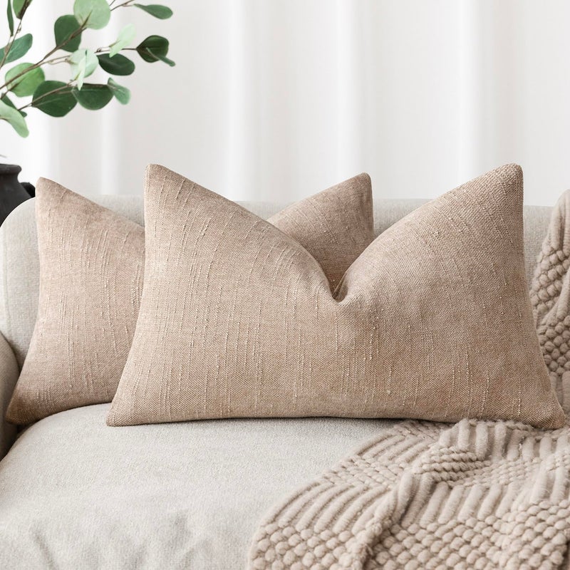 Foindtower Foindtower Set of 2 Textured Chenille Throw Decorative Pillow Covers Square Accent Solid Cushion Cover Neutral Farmhouse Lumbar Pillow Case for Couch Sofa Bedroom Living Room 12x20 Inch Cream Camel  - Image 1