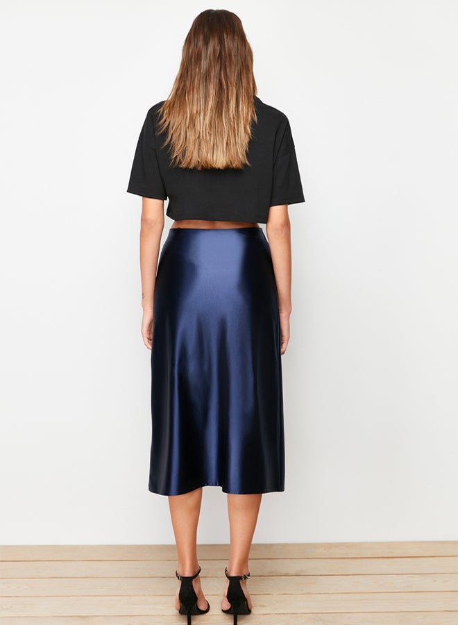 trendyol Indigo Satin A Cut/Flare Midi Knitted Skirt - Image 5