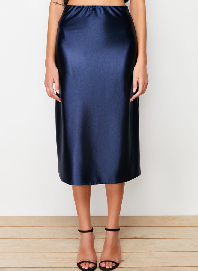 trendyol Indigo Satin A Cut/Flare Midi Knitted Skirt - Image 4