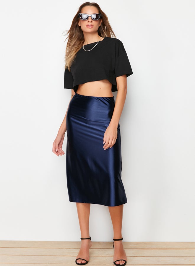 trendyol Indigo Satin A Cut/Flare Midi Knitted Skirt - Image 1
