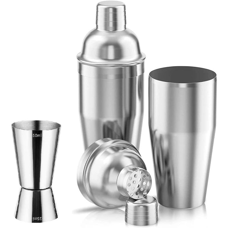 Stainless Steel Cocktail Shaker | Professional 3-Piece Bartender Shaker with Built-in Cocktail Strainer | and Stainless Steel Jigger 25/50 - by INFINITY-Plus (550 M, Silver) - Image 1