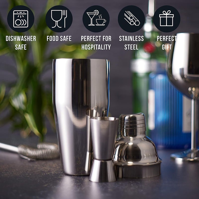 Stainless Steel Cocktail Shaker | Professional 3-Piece Bartender Shaker with Built-in Cocktail Strainer | and Stainless Steel Jigger 25/50 - by INFINITY-Plus (550 M, Silver) - Image 4