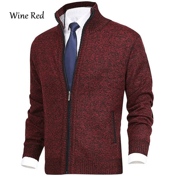 Independent Station Cross-border in stock Mens Solid Color Stand Collar Fashion Cardigan Sweater Thickened fleece-lined Knitwear Coat Jacket Black