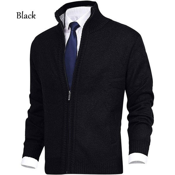 Independent Station Cross-border in stock Mens Solid Color Stand Collar Fashion Cardigan Sweater Thickened fleece-lined Knitwear Coat Jacket Black