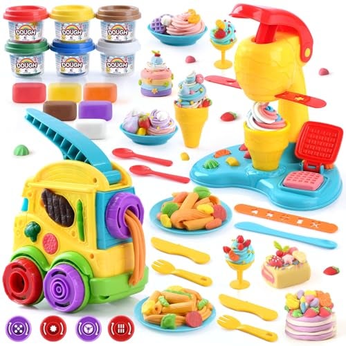 PLAY 2 in 1 Color Dough Kitchen Creations Set Ice Cream Noodle Maker Color Dough Sets for Kids Ages 48 Kitchen Food Toys for Boys Girls Kids Toddlers Ages 3 with 18 oz Multicolor Clay - Image 1