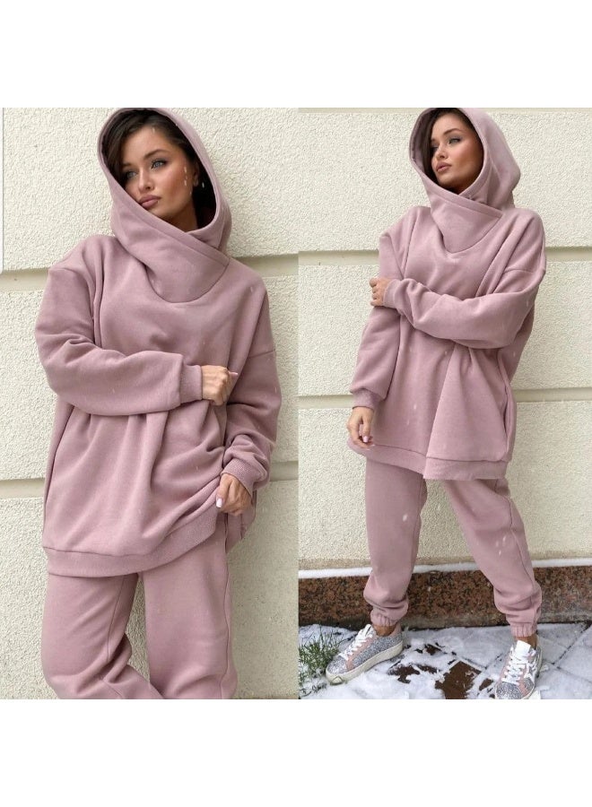 NIBEMINENT Women Hoodie Two-piece Set Solid Color Warm High Neck Midi Side Pocket Pullovers Casual Jogging Pants Fashion Street Party Wear - Image 1