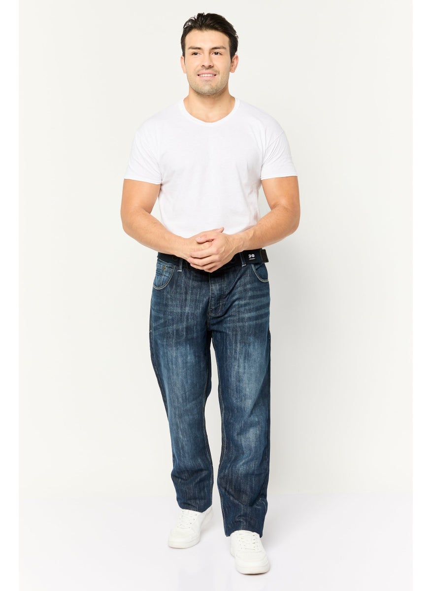 CROSSHATCH Men Straight Fit Washed Stretchable Belted Denim Jeans, Dark Blue  - Image 2