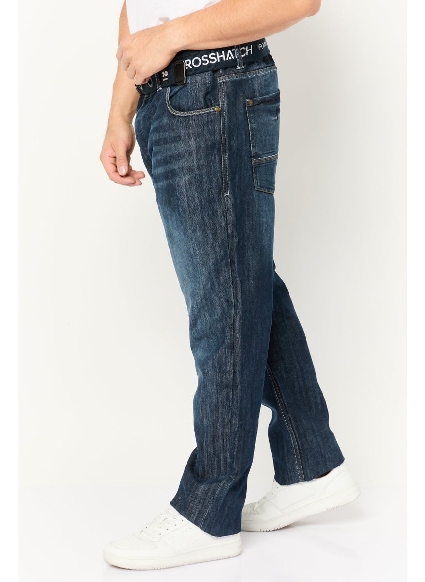 CROSSHATCH Men Straight Fit Washed Stretchable Belted Denim Jeans, Dark Blue  - Image 3