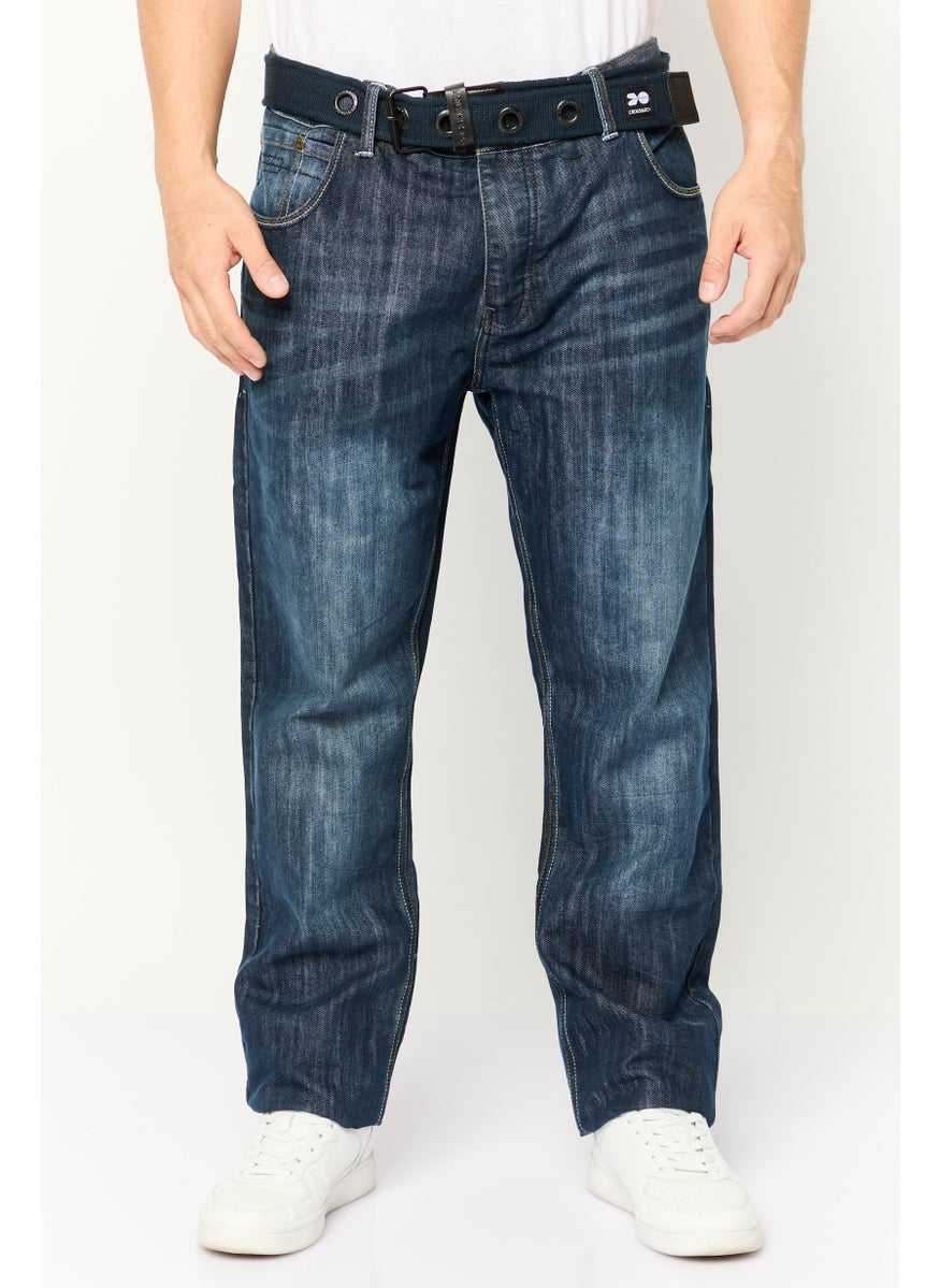 CROSSHATCH Men Straight Fit Washed Stretchable Belted Denim Jeans, Dark Blue  - Image 1