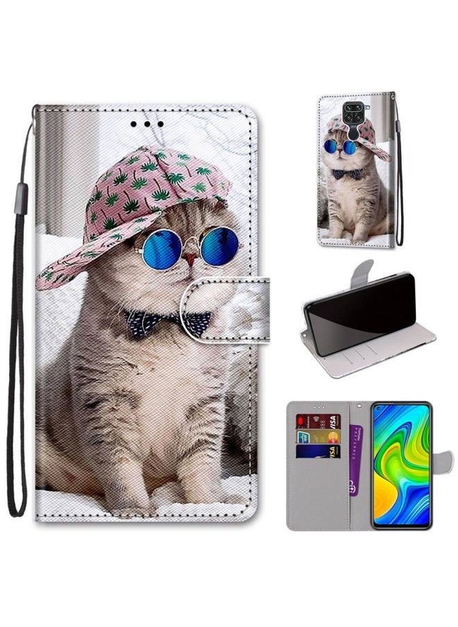 HuHa Case Cover For Xiaomi Redmi Note 9 / 10X 4G Coloured Drawing Cross Texture Horizontal Flip PU Leather Case with Holder & Card Slots & Wallet & Lanyard Slant Hat Blue Mirror Cat 