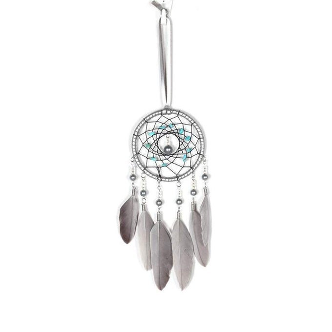 SMALL DREAM CATCHERS FOR CARS REAR VIEW MIRROR HANDMADE CAR CHARM PENDANT GRAY FEATHER AND TURQUOISE DREAM CATCHER FOR CAR WALL BEDROOM HANGING DECORATIONS