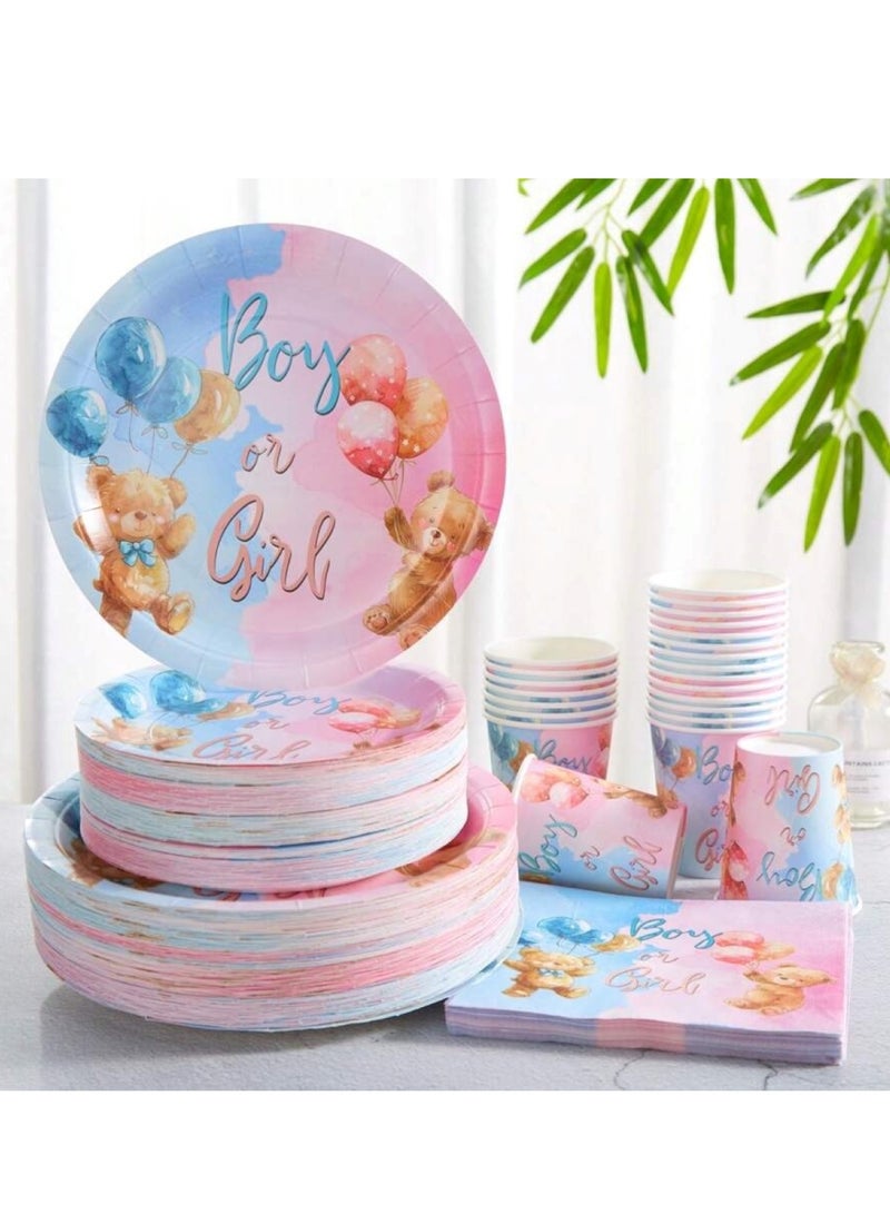 Gender Reveal Party Tableware Set 96 Piece Set Includes 24 9" Plates, 24 7" Saucers, 24 Cups, and 24 Napkins, Perfect for Birthdays, Baby Showers, and Kids Parties  - Image 1
