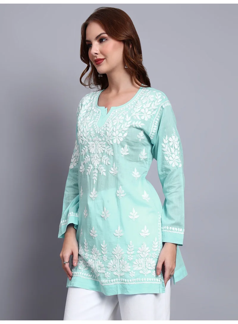 Alaya Seagreen Women Hand Embroidered Chikankari Cotton Short Top -AL3724 for Women | Best Price UAE