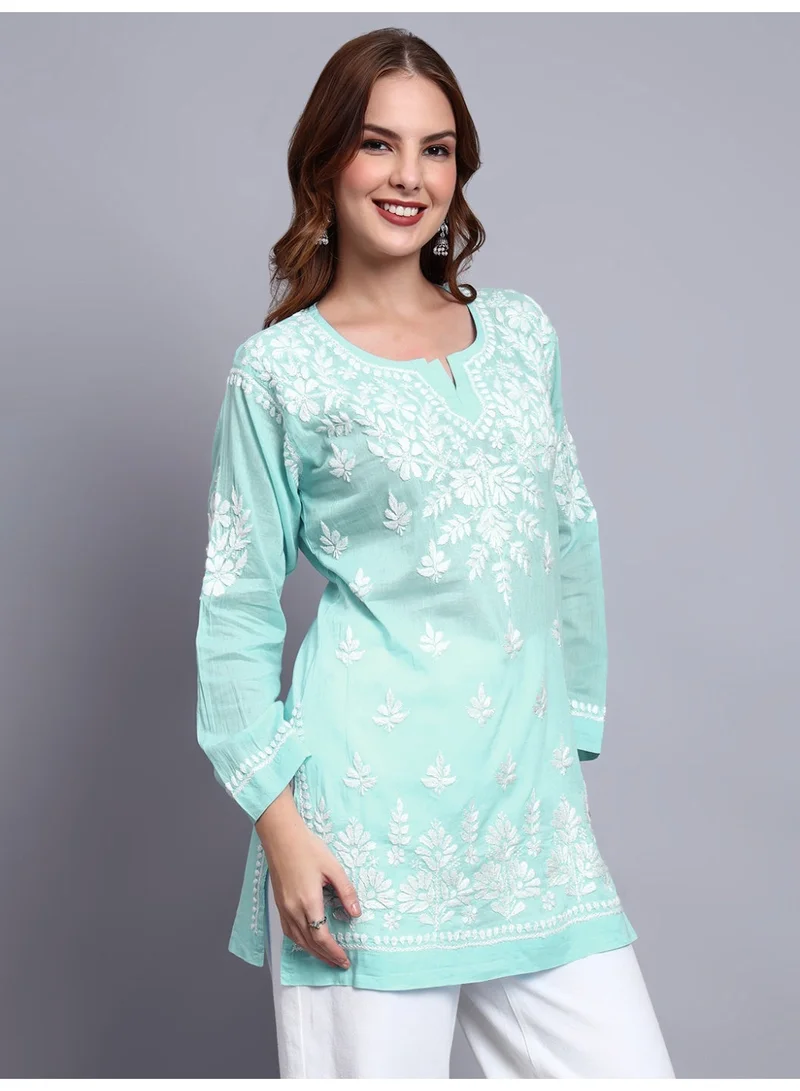 Alaya Seagreen Women Hand Embroidered Chikankari Cotton Short Top -AL3724 for Women | Best Price UAE
