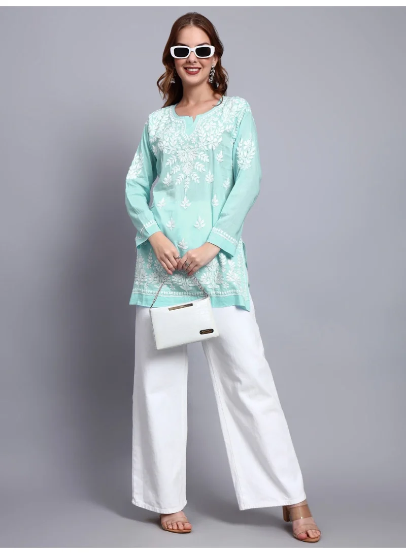 Alaya Seagreen Women Hand Embroidered Chikankari Cotton Short Top -AL3724 for Women | Best Price UAE