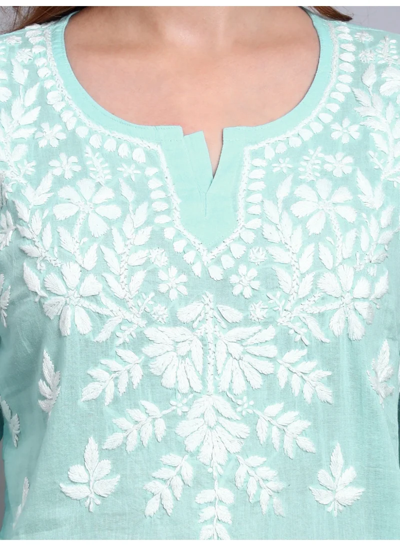 Alaya Seagreen Women Hand Embroidered Chikankari Cotton Short Top -AL3724 for Women | Best Price UAE