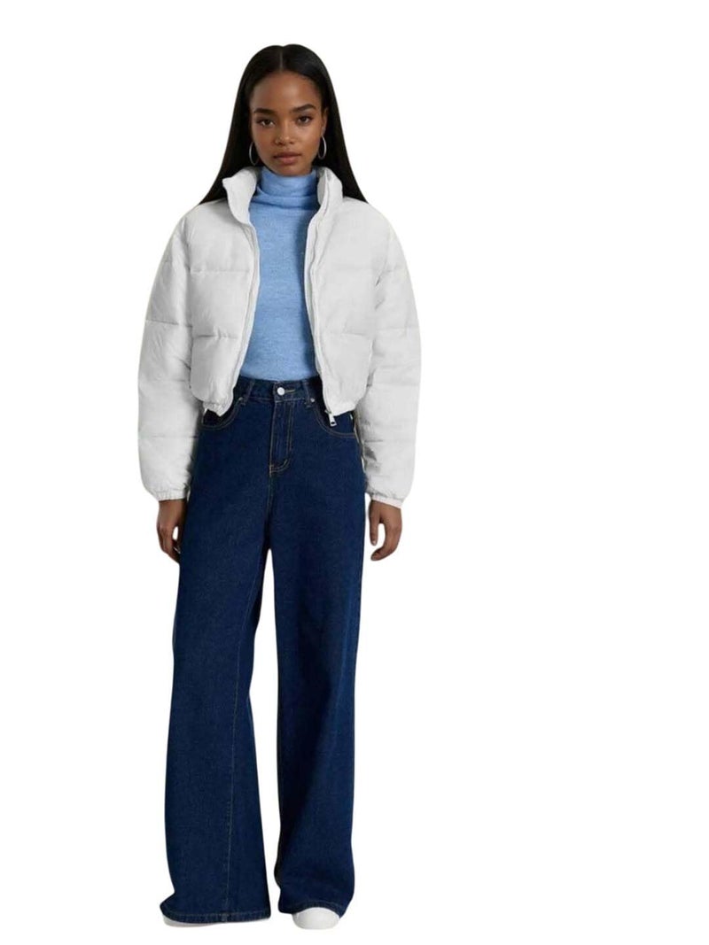 KOTTY Women's Solid Long Sleeve Powder White Zipper Puffer Jacket (White,M)-KTTFKPUFFERJACKET136M - Image 1