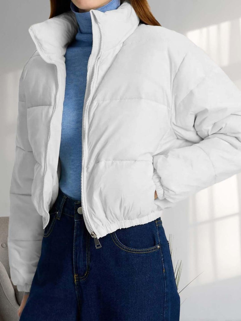 KOTTY Women's Solid Long Sleeve Powder White Zipper Puffer Jacket (White,M)-KTTFKPUFFERJACKET136M - Image 4