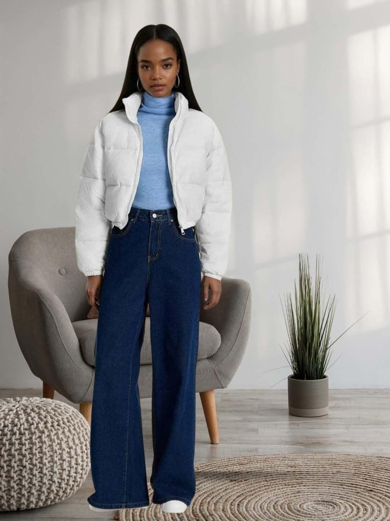 KOTTY Women's Solid Long Sleeve Powder White Zipper Puffer Jacket (White,M)-KTTFKPUFFERJACKET136M - Image 2