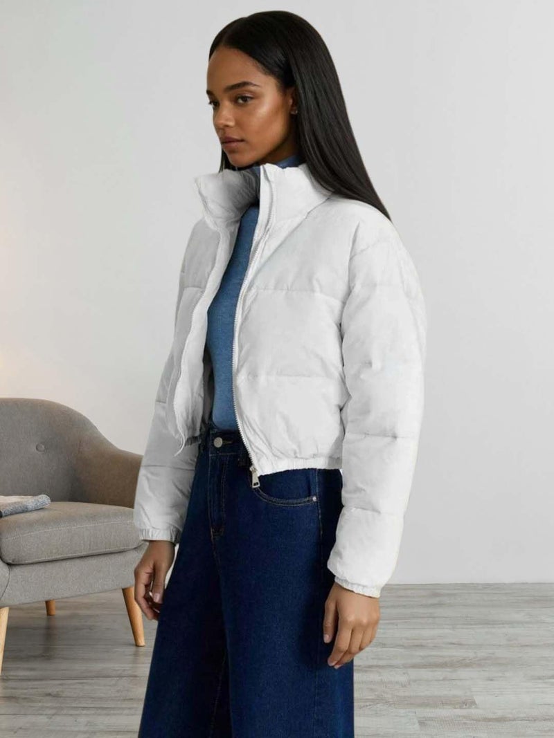 KOTTY Women's Solid Long Sleeve Powder White Zipper Puffer Jacket (White,M)-KTTFKPUFFERJACKET136M - Image 3