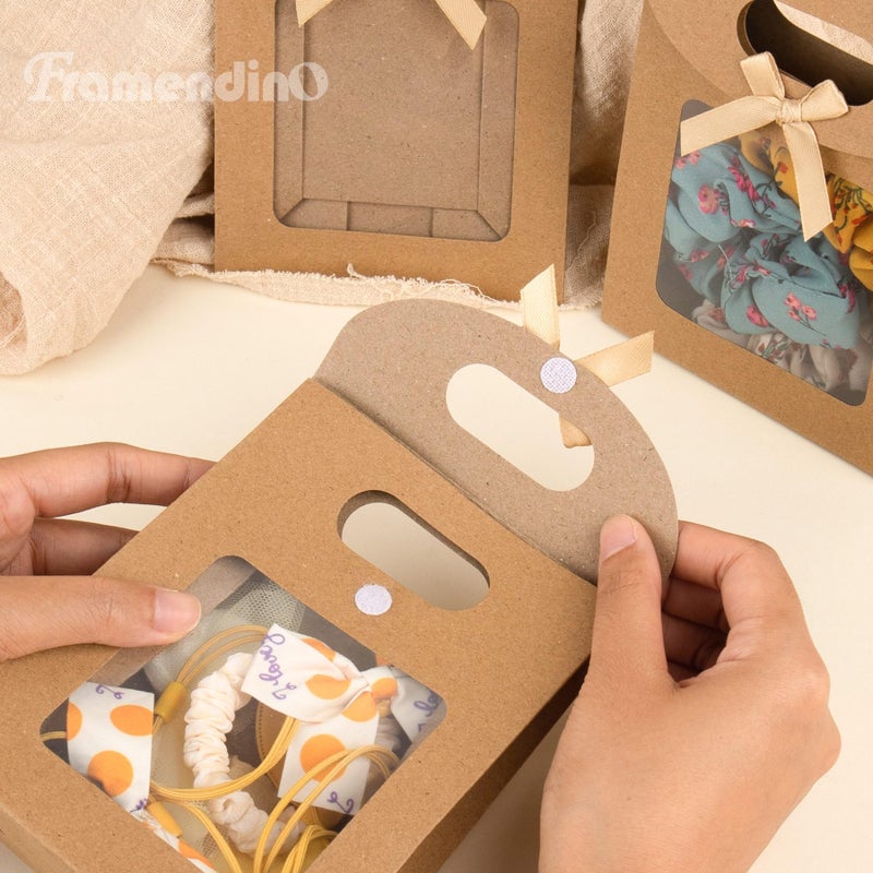 Framendino, 24 Pack Kraft Paper Bags with Clear Window and Handle Stand Up Bag for Candy Cookies Packaging Wedding Christmas Party Store Retail - Image 5