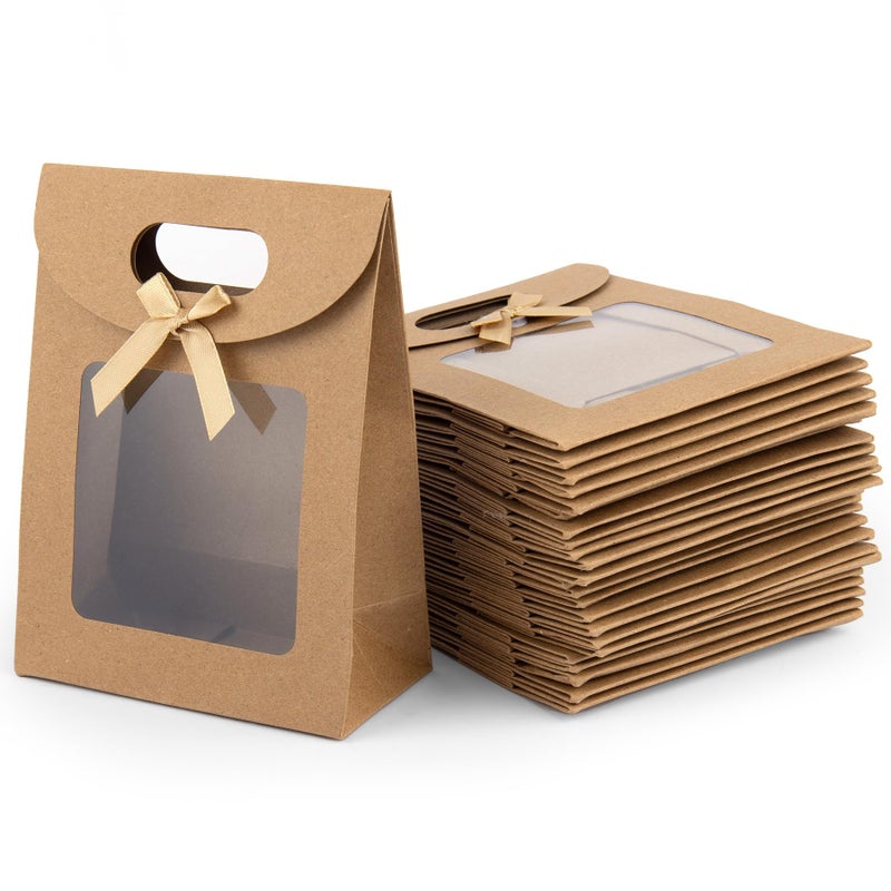 Framendino, 24 Pack Kraft Paper Bags with Clear Window and Handle Stand Up Bag for Candy Cookies Packaging Wedding Christmas Party Store Retail - Image 1