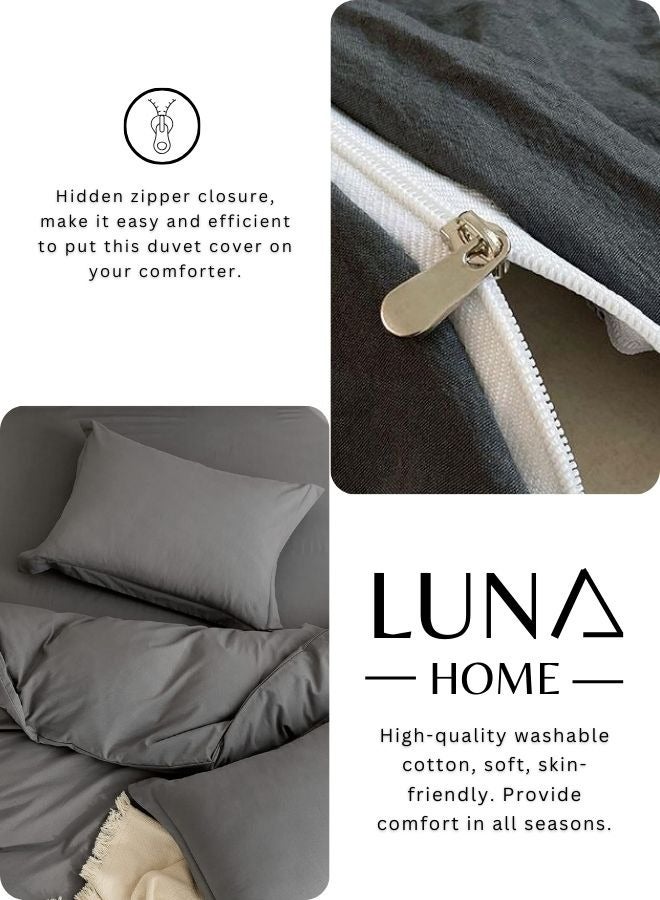 LUNA Home Single Size 4 Pieces Bedding Set, Washable Cotton Dark Gray - Image 5