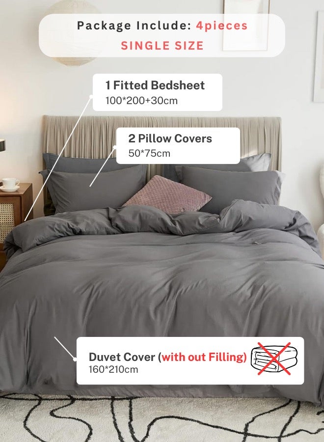 LUNA Home Single Size 4 Pieces Bedding Set, Washable Cotton Dark Gray - Image 2