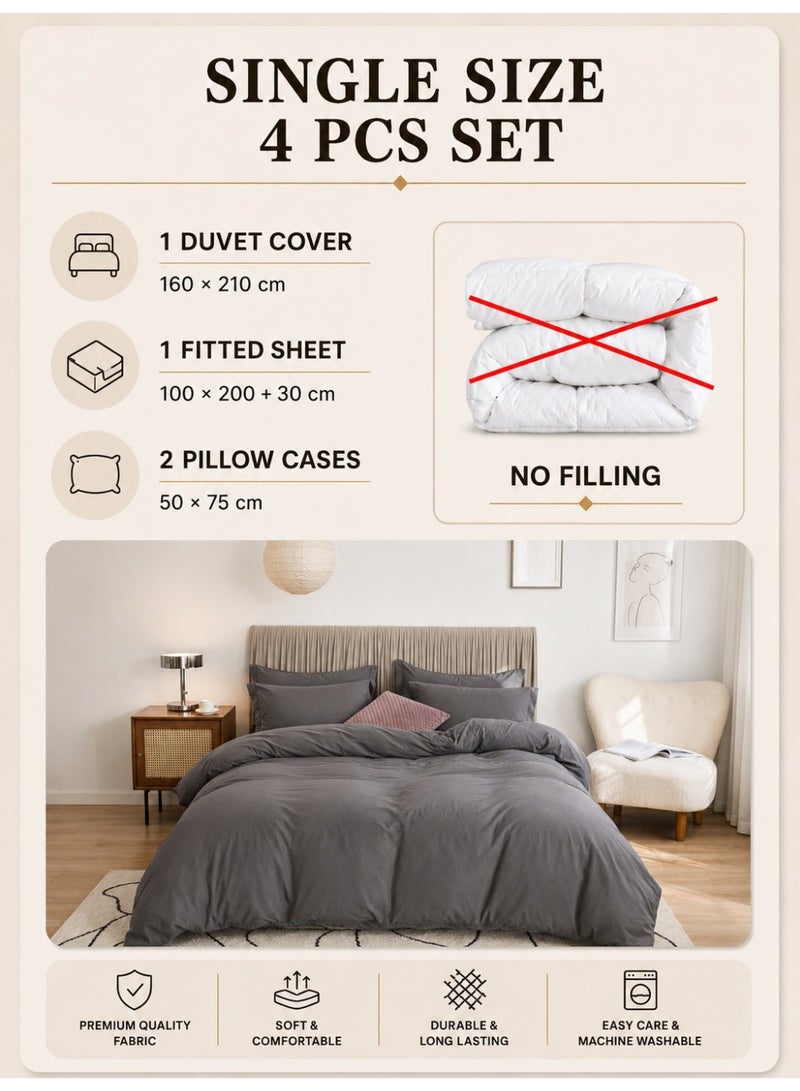LUNA Home Single Size 4 Pieces Bedding Set, Washable Cotton Dark Gray - Image 2