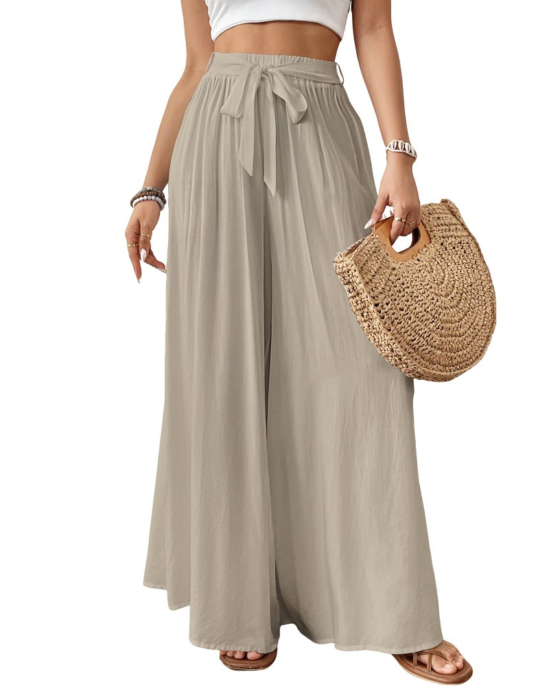 Bsubseach Wide Leg Pants Woman Flowy Floral Palazzo Pants for Women High Waisted Summer Casual Trousers Cruise Outfits Light Khaki XL - Image 1