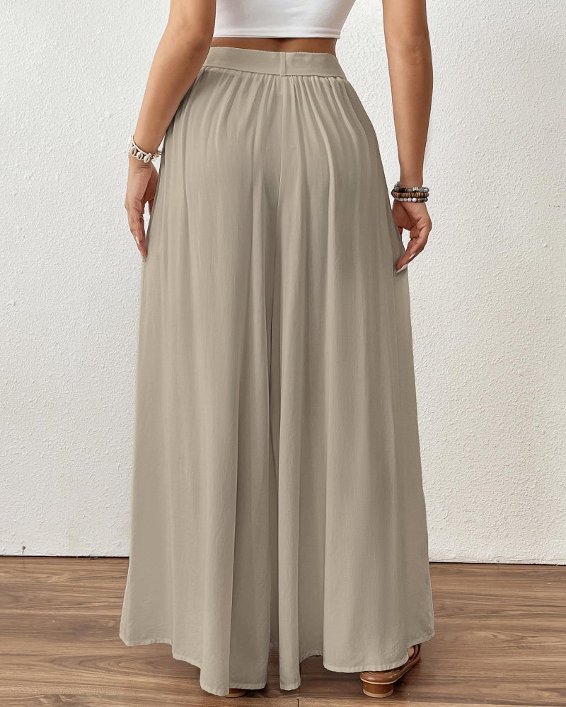 Bsubseach Wide Leg Pants Woman Flowy Floral Palazzo Pants for Women High Waisted Summer Casual Trousers Cruise Outfits Light Khaki XL - Image 5