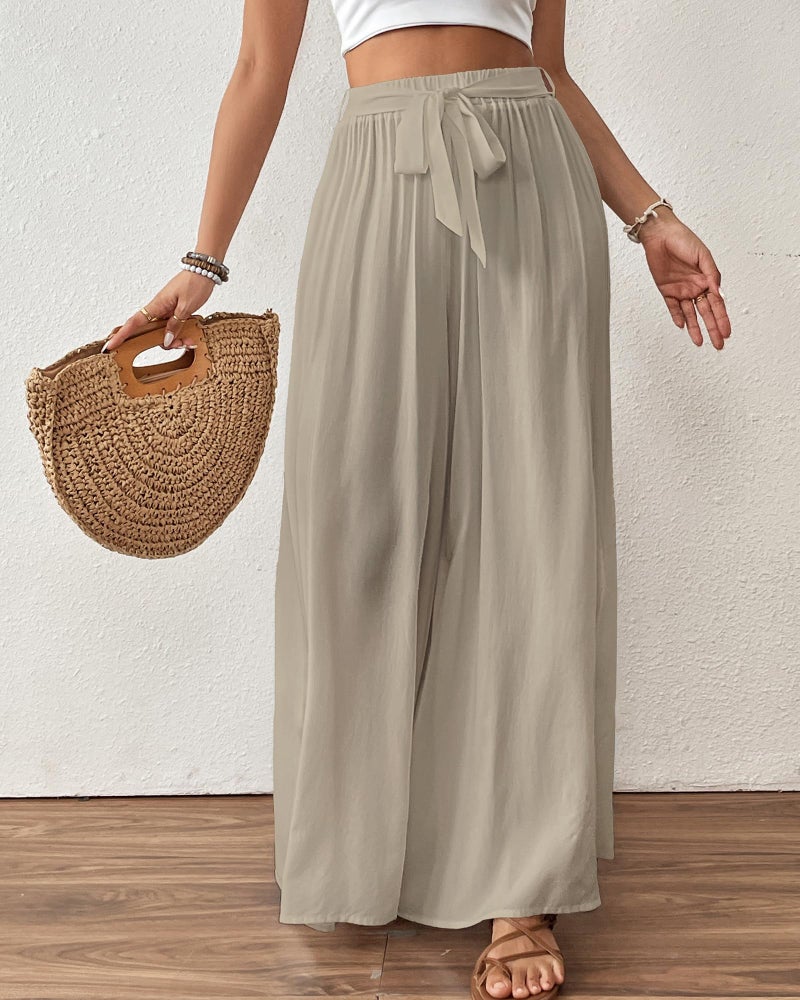 Bsubseach Wide Leg Pants Woman Flowy Floral Palazzo Pants for Women High Waisted Summer Casual Trousers Cruise Outfits Light Khaki XL - Image 2
