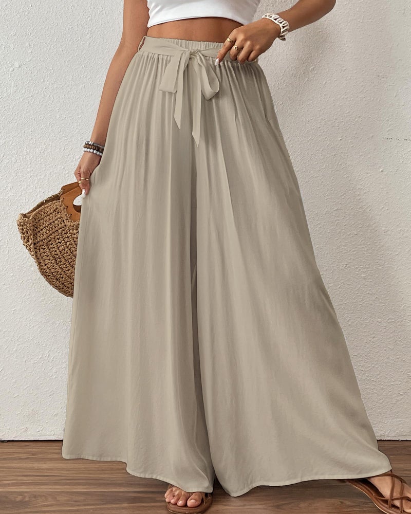 Bsubseach Wide Leg Pants Woman Flowy Floral Palazzo Pants for Women High Waisted Summer Casual Trousers Cruise Outfits Light Khaki XL - Image 4