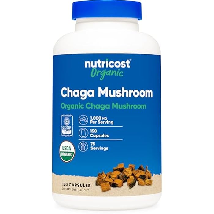 Nutricost Organic Chaga Mushroom Capsules 1000mg, 75 Servings - CCOF Certified Made with Organic Chaga Mushroom, Vegetarian, Gluten Free, 500mg Per Capsule, 150 Capsules - Image 1