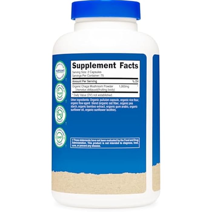 Nutricost Organic Chaga Mushroom Capsules 1000mg, 75 Servings - CCOF Certified Made with Organic Chaga Mushroom, Vegetarian, Gluten Free, 500mg Per Capsule, 150 Capsules - Image 5