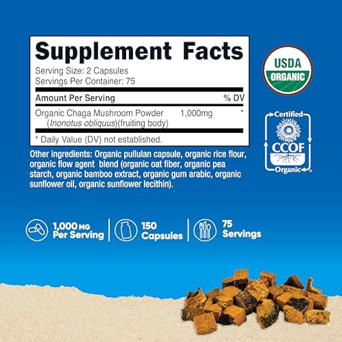 Nutricost Organic Chaga Mushroom Capsules 1000mg, 75 Servings - CCOF Certified Made with Organic Chaga Mushroom, Vegetarian, Gluten Free, 500mg Per Capsule, 150 Capsules - Image 2