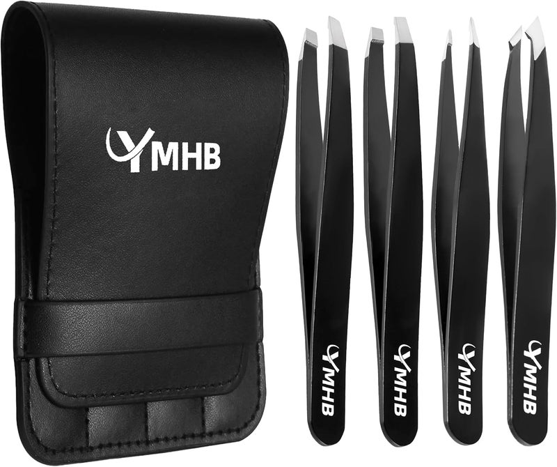 YMHB Tweezers Set 4Pcs Stainless Steel Eyebrow Tweezers Great Precision for Facial Hair Splinter and Ingrown Hair Removal Gifts for Women Christmas Stocking Stuffers Gifts for Adults Men Women - Image 1