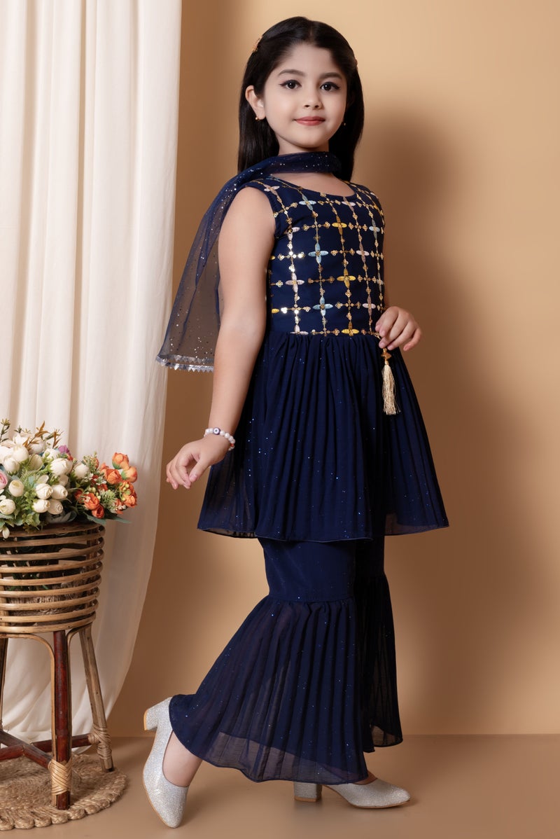 5 STAR COLLECTION Girls Blue Ethnic Kurti with Sharara Pants & Dupatta Set - Image 3