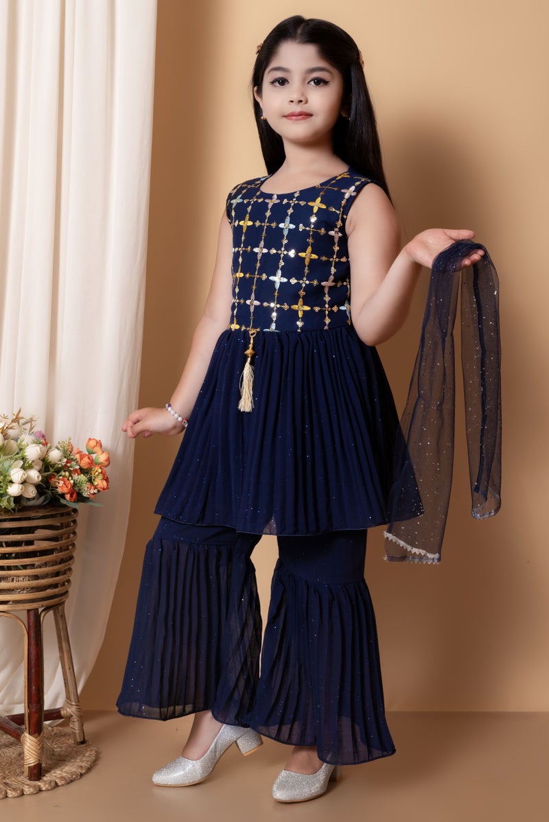5 STAR COLLECTION Girls Blue Ethnic Kurti with Sharara Pants & Dupatta Set - Image 4