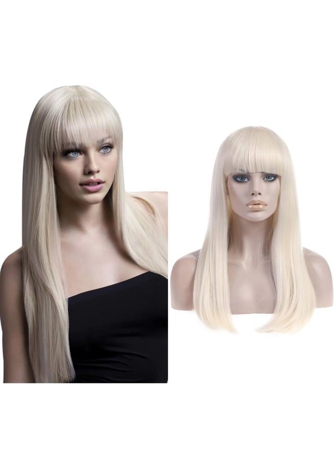 SARLA باروكة نسائية طويلة مستقيمة بيضاء شقراء مع غرة شعر صناعي لحفلة كوسبلاي عيد الهالوين 25 بوصة حجم بالغ - Image 1