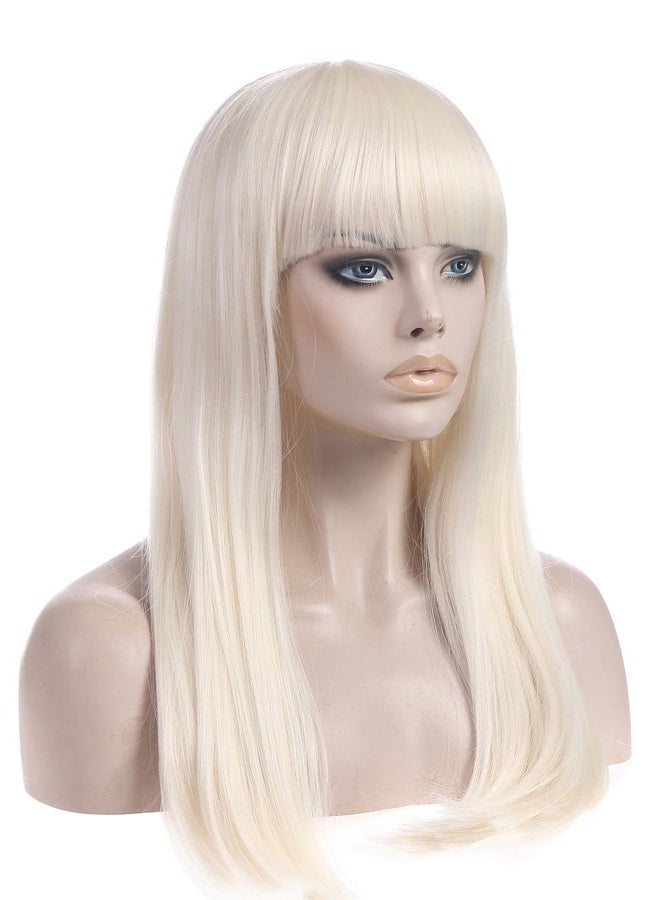 SARLA باروكة نسائية طويلة مستقيمة بيضاء شقراء مع غرة شعر صناعي لحفلة كوسبلاي عيد الهالوين 25 بوصة حجم بالغ - Image 3